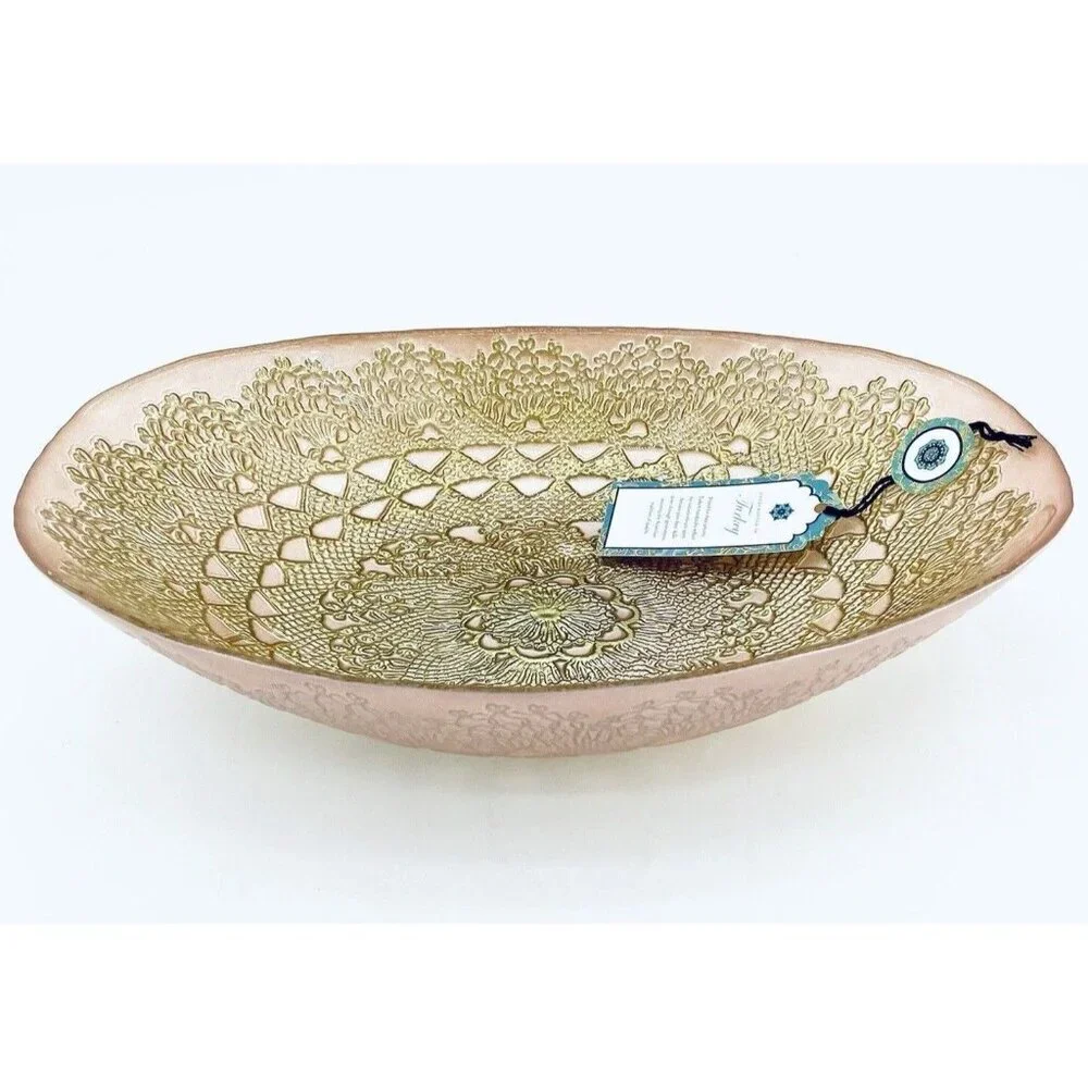 Turkish Glass Pink Oval Bowl Serving Salad Dinner Gold Lace Print Handmade NWT